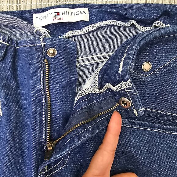 Tommy Hilfiger Jeans Womens 10 y2k Low Rise Dark Wash Blue Denim Wide Leg Pocket - Picture 12 of 14